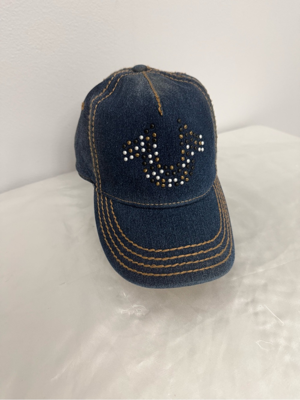 True Religion Denim Hat with Red Trim and Tan Leather Label